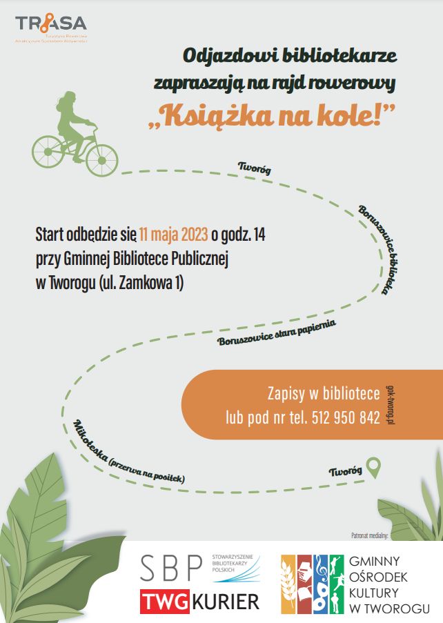 plakat zapowiadający rajd rowerowy "książka na kole", data wydarzenia: 11.05.2023. 