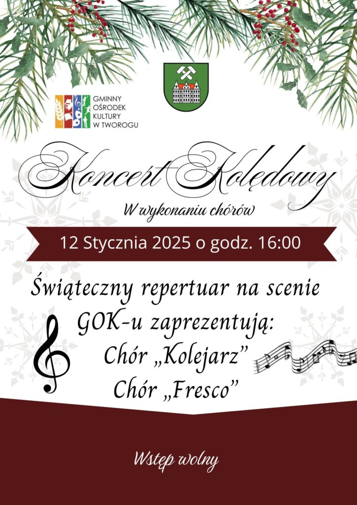 Plakat/zaproszenie na koncert kolędowy w wykonaniu tarogórskich chórów. Alternatywa tekstowa powyżej